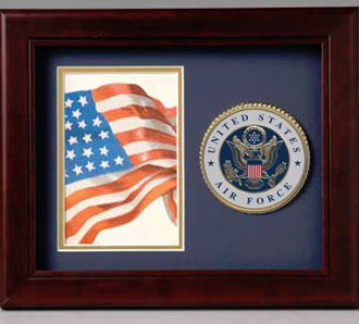 Aim High Air Force Medallion Frame featuring a gold plated medallion and space for a 4x6 inch photo, crafted from solid mahogany wood.