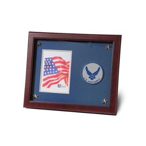 Aim High Air Force Medallion Picture Frame featuring a 5x7 photo opening, mahogany wood finish, and decorative golden stars.