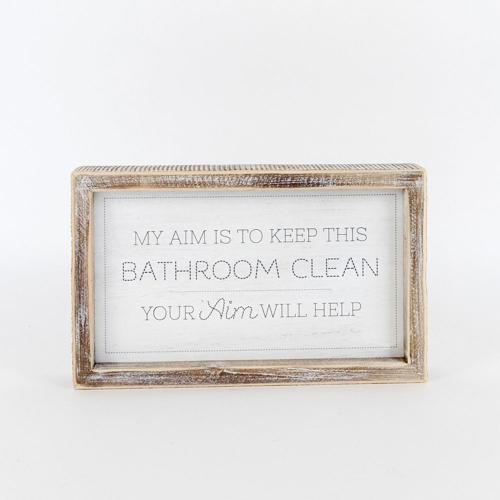 Aim + Sprinkle Tinkle double-sided bathroom sign with wooden frame, featuring humorous cleanliness messages.