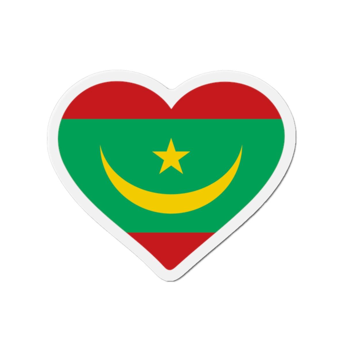 Aimant en forme de cœur représentant le drapeau de la Mauritanie, fabriqué en résine synthétique avec un puissant aimant magnétique.