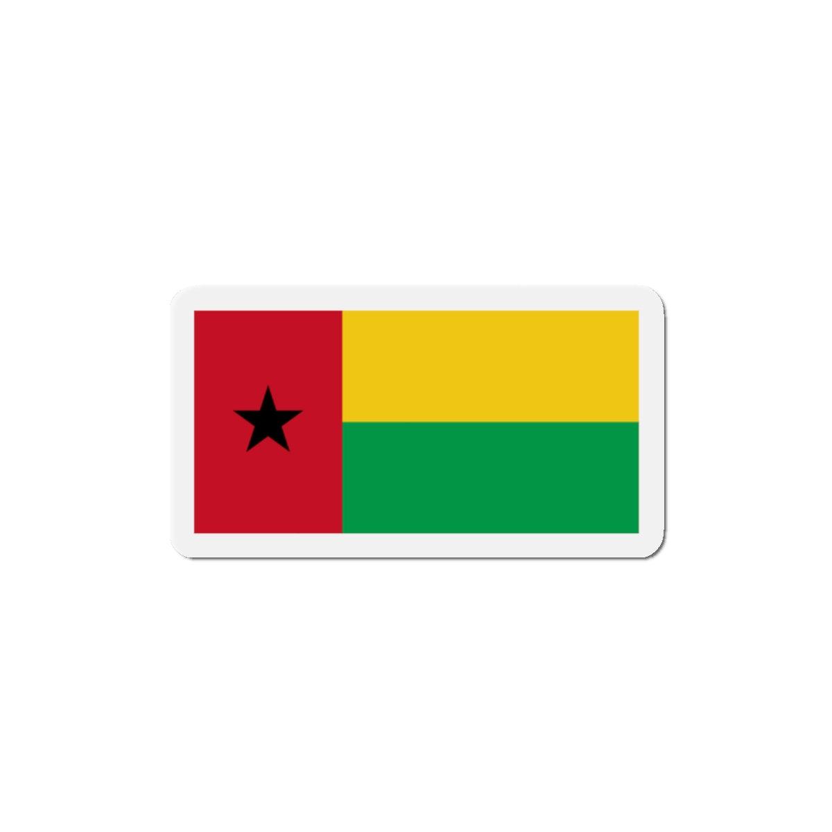 Aimant représentant le drapeau de la Guinée-Bissau, fabriqué en résine synthétique, disponible en plusieurs tailles.