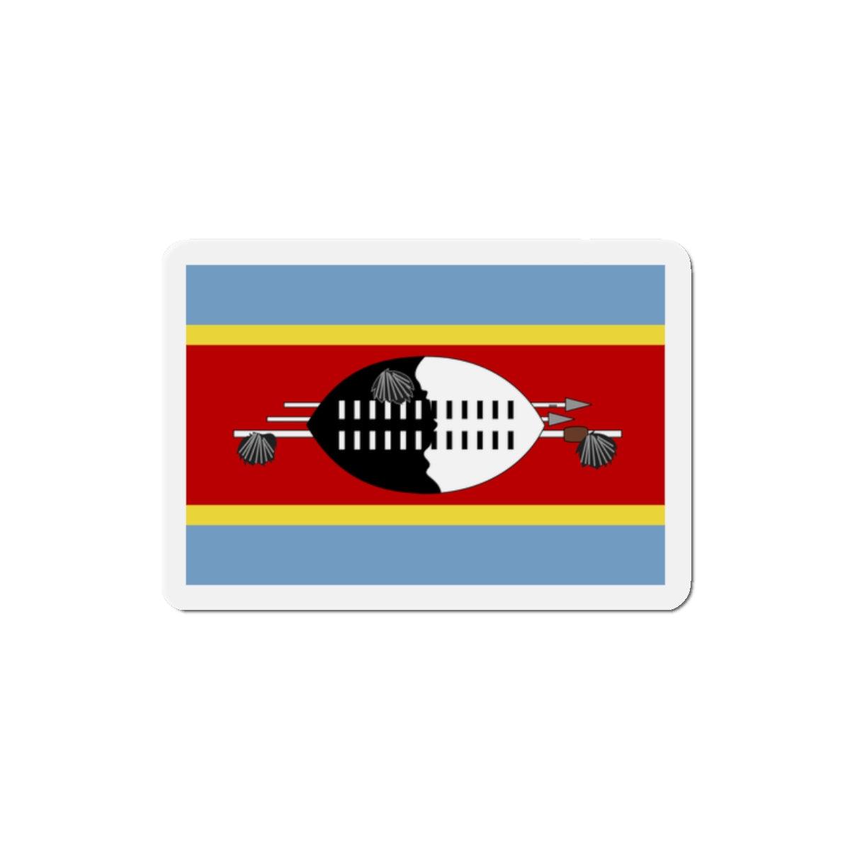 Aimant représentant le drapeau de l'Eswatini, fabriqué en résine synthétique, disponible en plusieurs tailles.