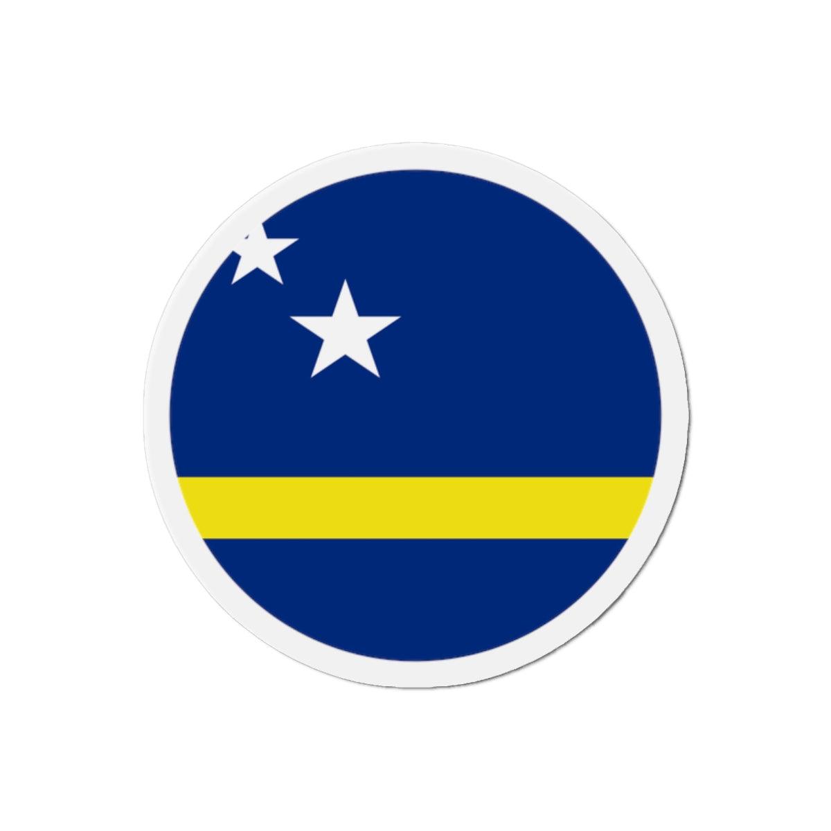 Aimant rond représentant le drapeau de Curaçao, disponible en plusieurs tailles, fabriqué en résine synthétique.