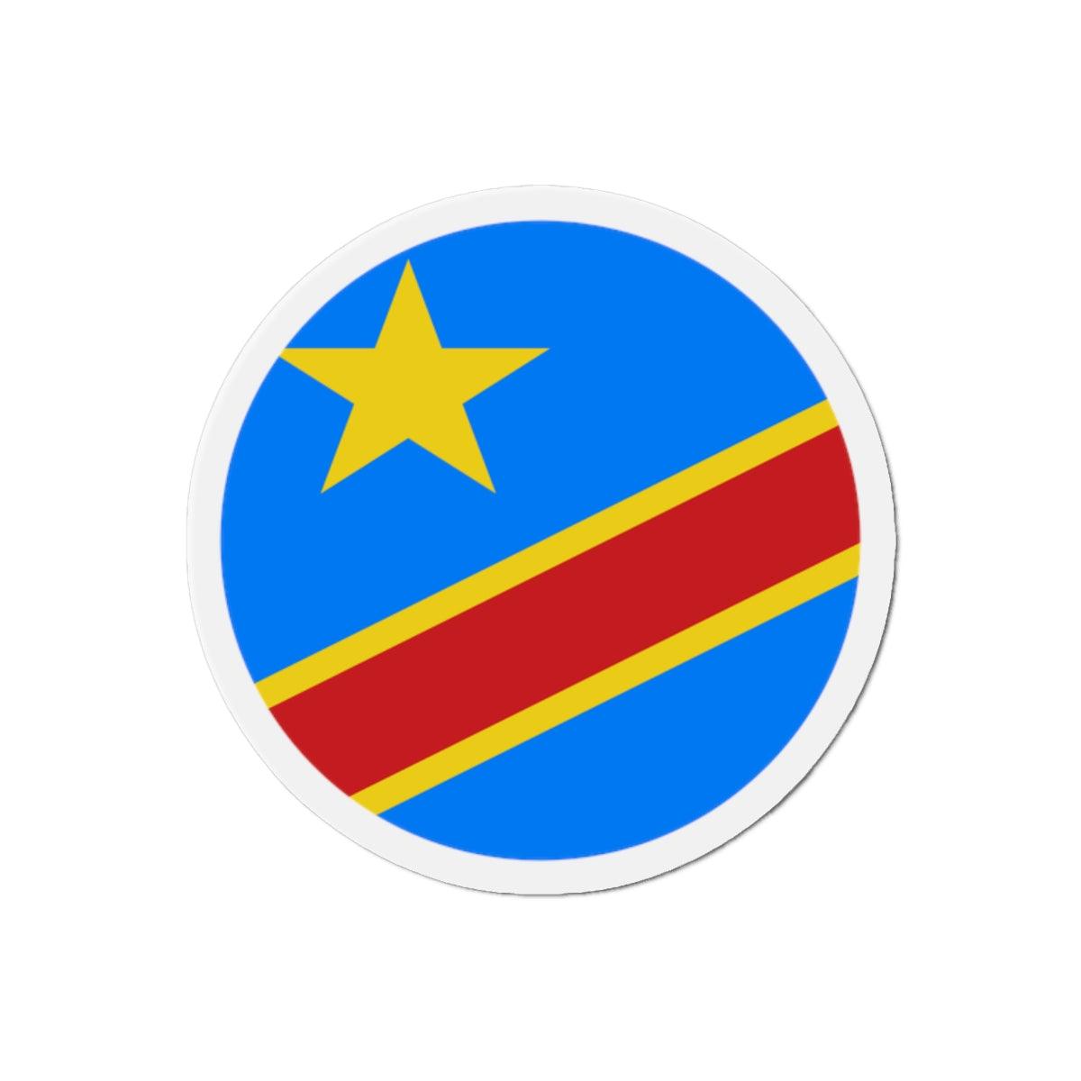 Aimant rond représentant le drapeau de la République Démocratique du Congo, fabriqué en résine synthétique, disponible en plusieurs tailles.