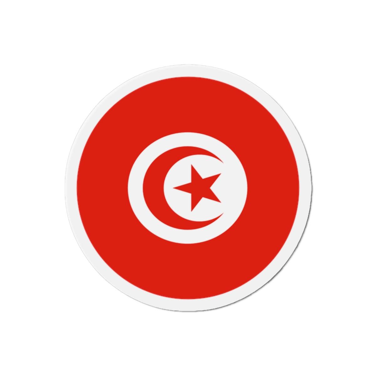 Aimant rond représentant le drapeau de la Tunisie, disponible en plusieurs tailles, fabriqué en résine synthétique.