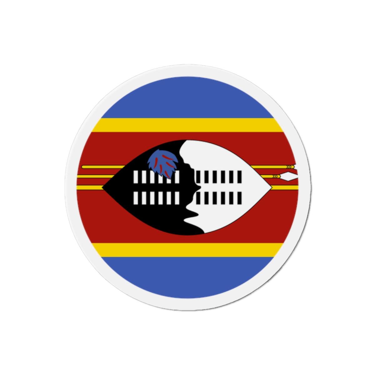 Aimant rond représentant le drapeau de l'Eswatini, disponible en plusieurs tailles, fabriqué en résine synthétique.