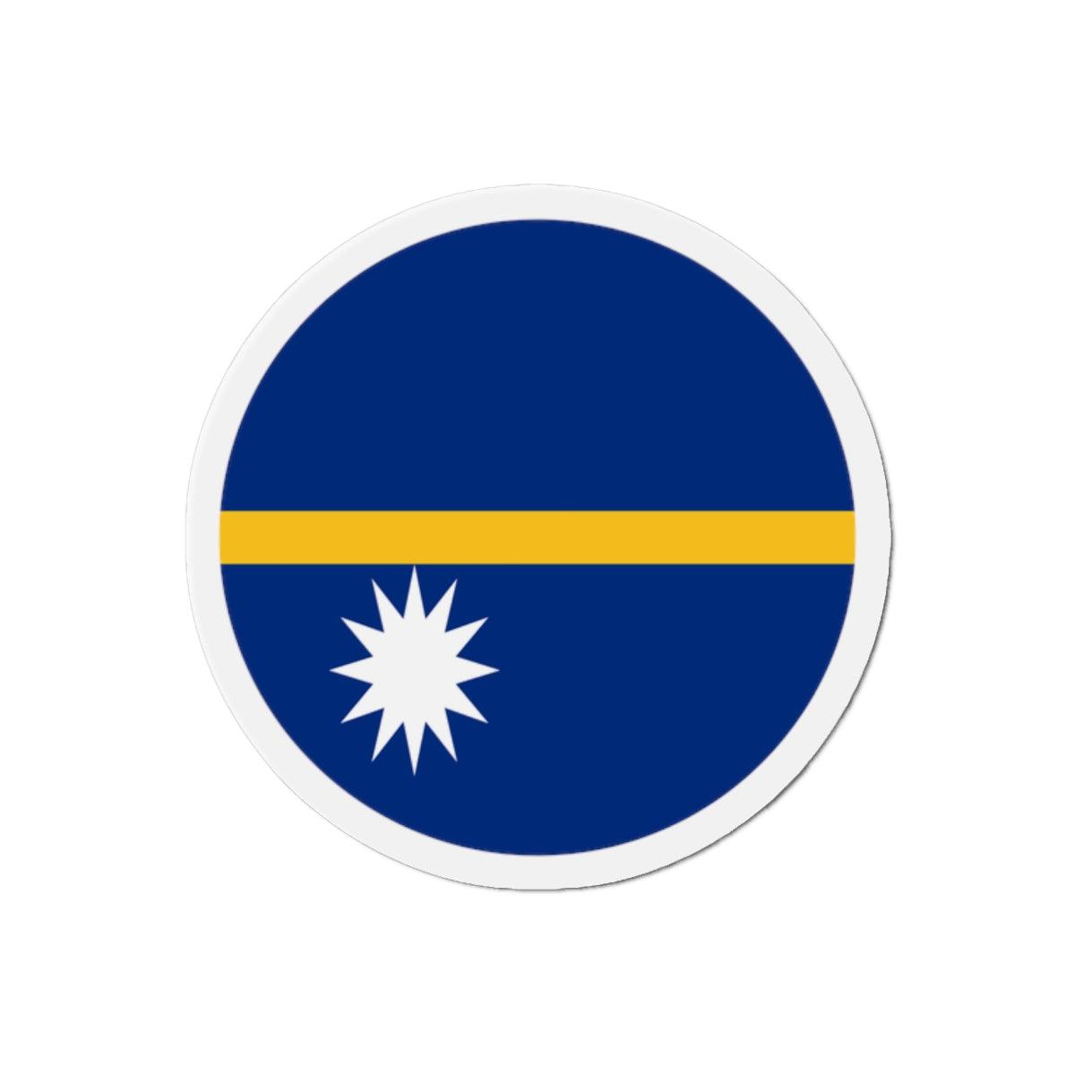 Aimant rond représentant le drapeau de Nauru, disponible en plusieurs tailles, fabriqué en résine synthétique durable.