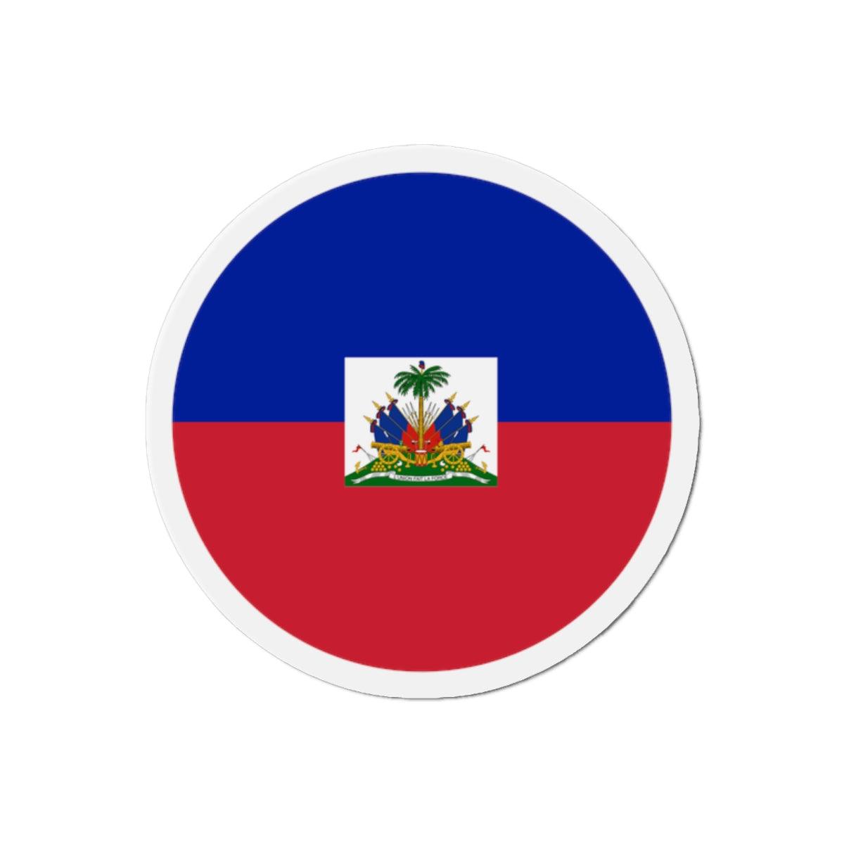 Aimant rond représentant le drapeau d'Haïti, disponible en plusieurs tailles, fabriqué en résine synthétique.