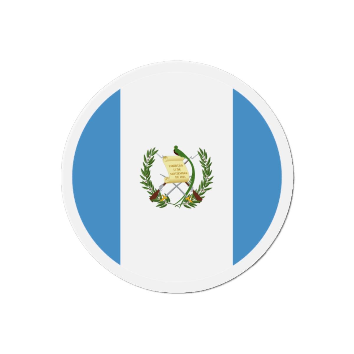 Aimant rond représentant le drapeau du Guatemala, disponible en plusieurs tailles, fabriqué en résine synthétique.