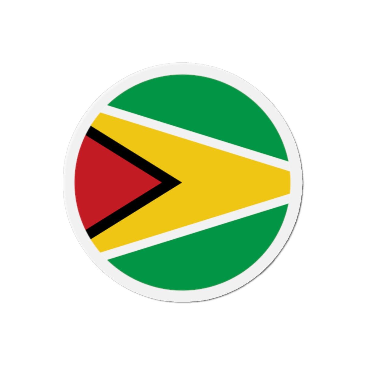 Aimant rond représentant le drapeau du Guyana, disponible en plusieurs tailles, fabriqué en résine synthétique.