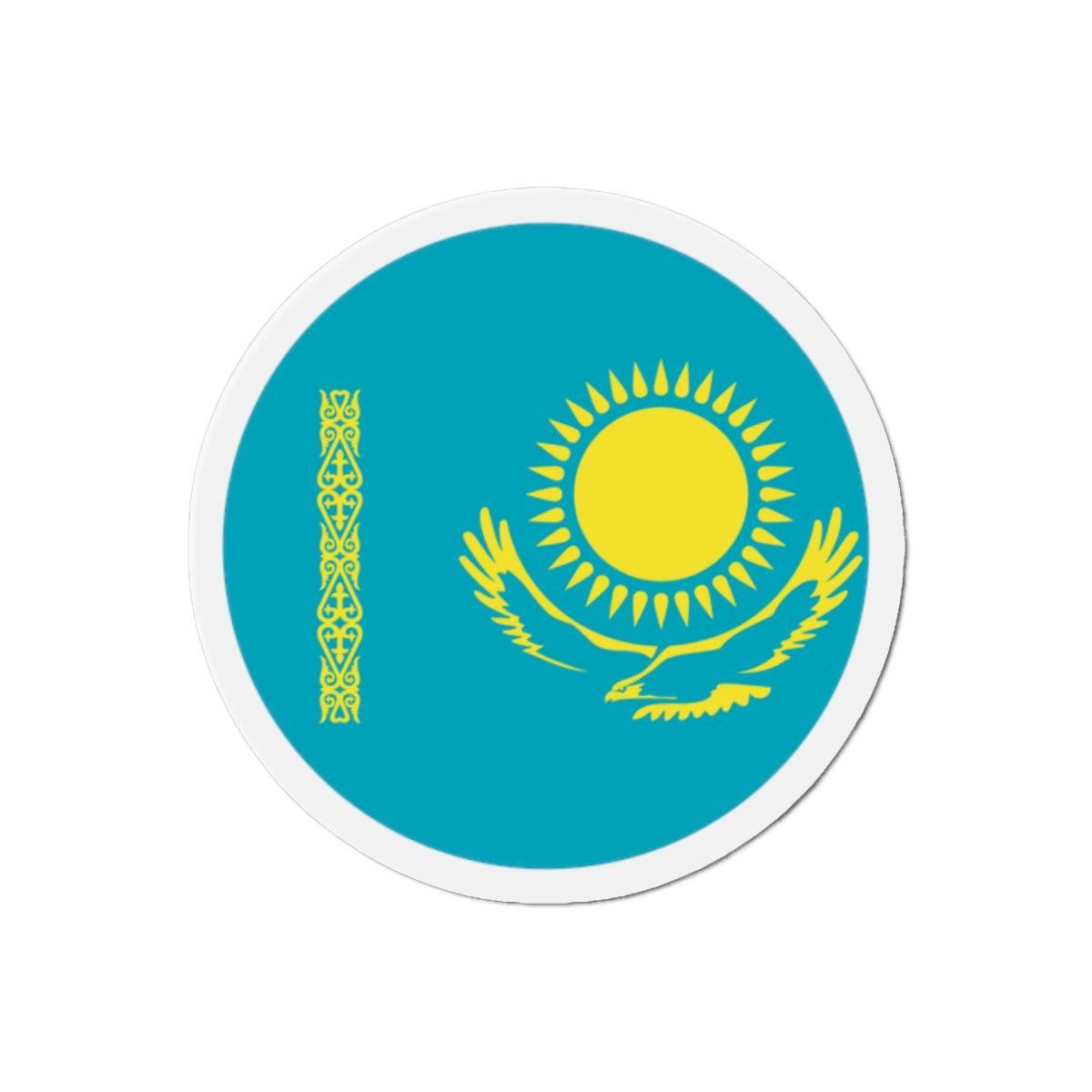 Aimant rond représentant le drapeau du Kazakhstan, disponible en plusieurs tailles, fabriqué en résine synthétique.