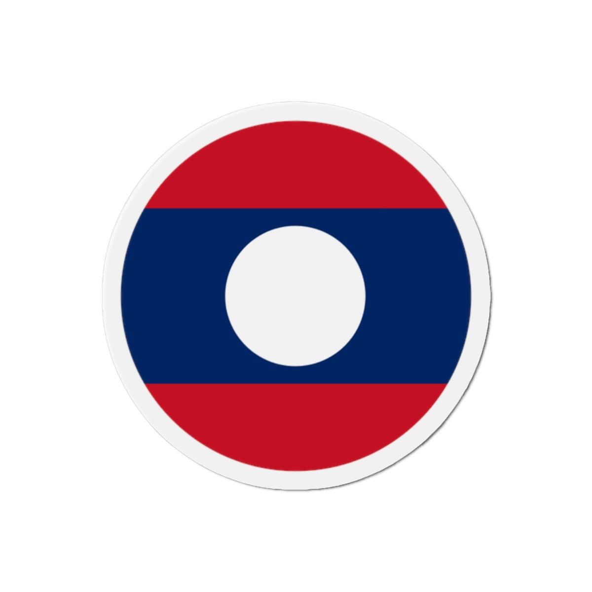 Aimant rond représentant le drapeau du Laos, disponible en plusieurs tailles, fabriqué en résine synthétique.