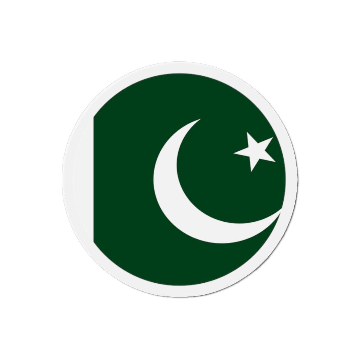 Aimant rond représentant le drapeau du Pakistan, disponible en plusieurs tailles, fabriqué en résine synthétique durable.