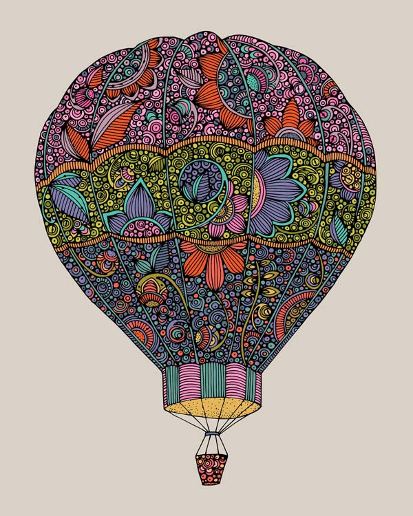 Colorful Air Balloon archival art print on matte card stock, showcasing intricate pen and ink details.