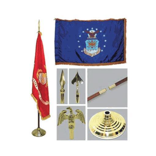 Indoor Air Force flag kit featuring a 3ft x 5ft flag with gold fringe, flagpole, base, and tassel, ideal for display in various settings.