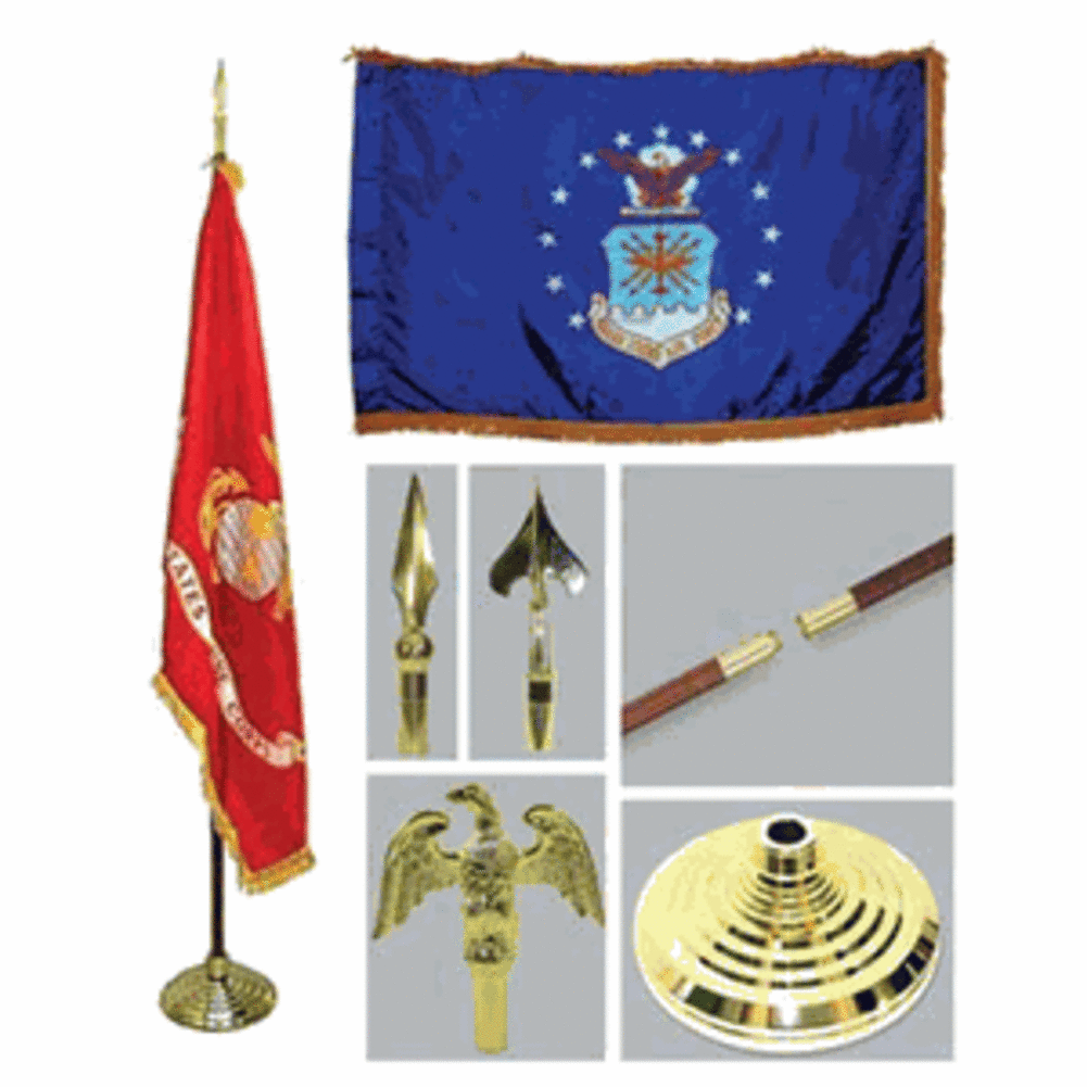 Air Force 3ft x 5ft flag kit featuring a nylon flag with gold fringe, oak flagpole, gold tassel, and a high gloss floor stand.