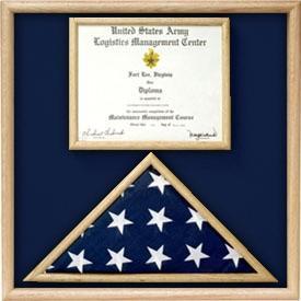 Elegant Air Force Flag and certificate display case made of solid oak or walnut, showcasing a folded flag and documents.