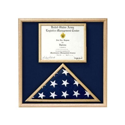 Air Force Flag and Certificate Display Case made from solid oak or walnut, showcasing a folded flag and memorabilia.