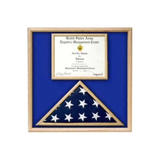 Air Force Flag and Certificate Display Case made from solid oak or walnut, showcasing a folded flag and memorabilia.