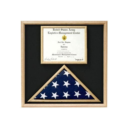 Air Force Flag and Certificate Display Case made from solid oak or walnut, showcasing a folded flag and memorabilia.