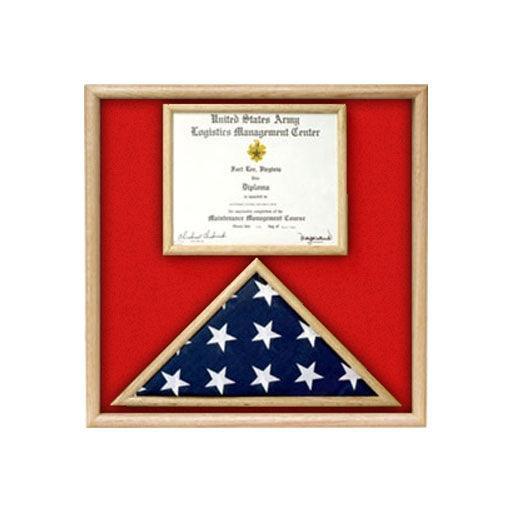 Air Force Flag and Certificate Display Case made from solid oak or walnut, showcasing a folded flag and memorabilia.