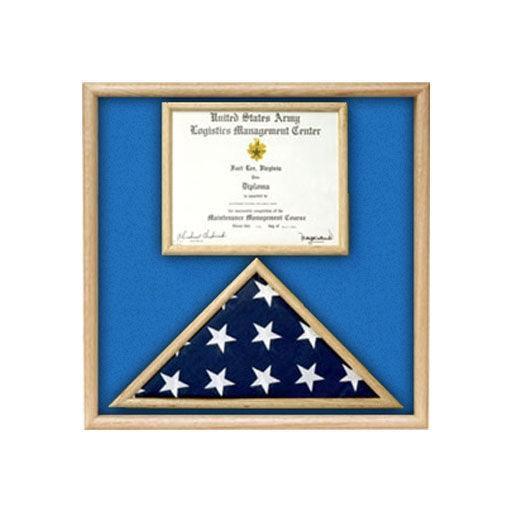 Air Force Flag and Certificate Display Case made from solid oak or walnut, showcasing a folded flag and memorabilia.