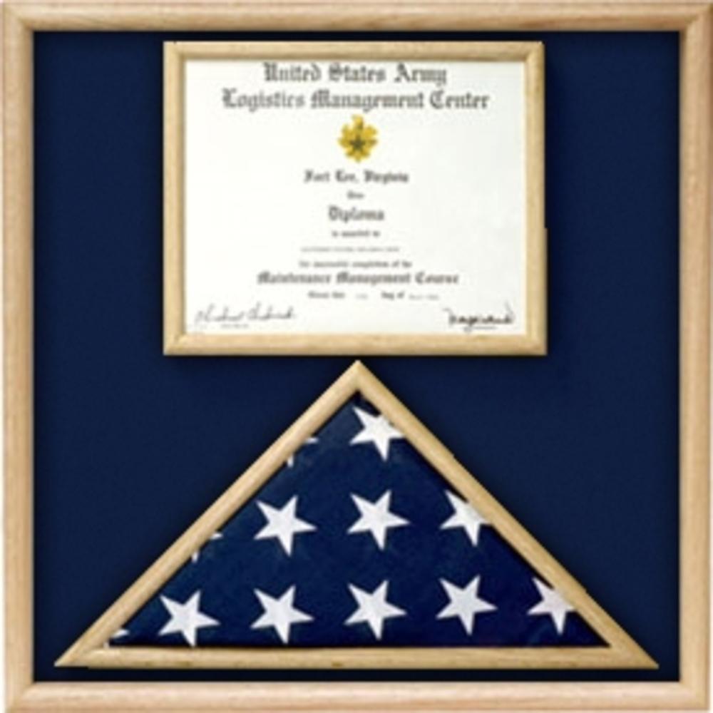 Elegant Air Force Flag and certificate display case made of solid oak or walnut, showcasing a folded flag and memorabilia.