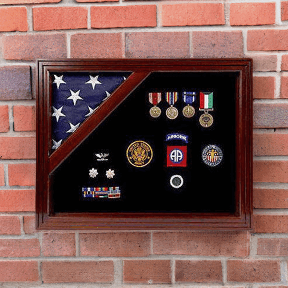 Air Force Flag and Medal Corner Display Case showcasing a triangular-folded flag and medals in an elegant wooden frame.