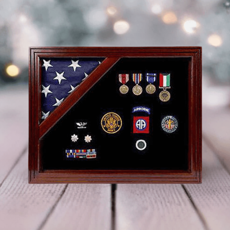 Air Force Flag and Medal Corner Display Case showcasing a triangular-folded flag and medals in an elegant wooden frame.