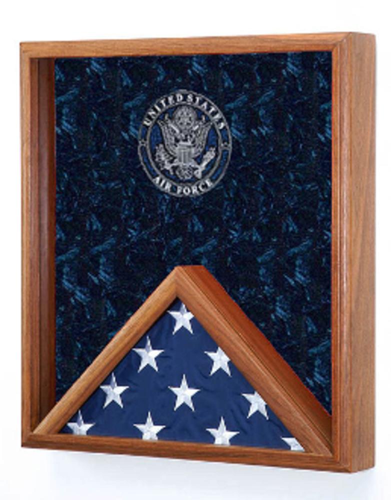 USAF Flag Display Case made of solid oak or walnut, featuring a glass front and embossed service emblem, designed for a 3x5 flag.