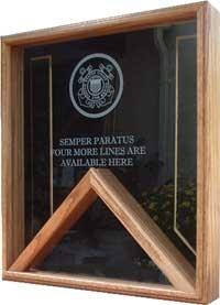 USAF Flag Display Case made of solid oak or walnut, featuring a glass front and embossed service emblem, designed for a 3x5 flag.