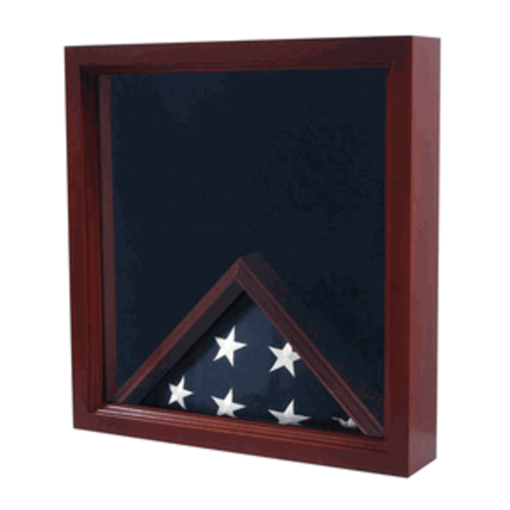 Elegant Air Force Flag and Medal Display Case with cherry wood finish and black felt lining, showcasing medals and a folded flag.