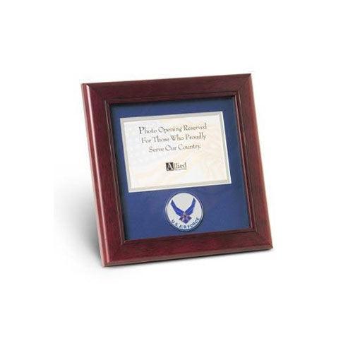 Air Force Landscape Picture Frame with a medallion, featuring blue matting and mahogany wood, designed for 4x6 photos.