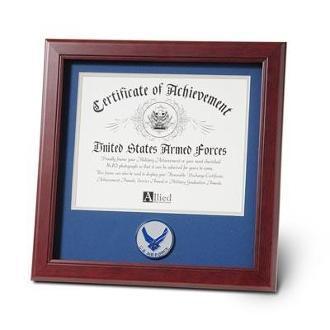 Air Force Medallion Certificate Frame with blue matting and gold trim, displaying an 8x10 certificate.