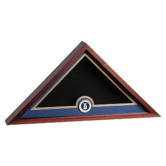 Air Force Medallion Flag Display Case made of rich mahogany, featuring a detailed die-cast medallion, designed for a 5' x 9-1/2' flag.