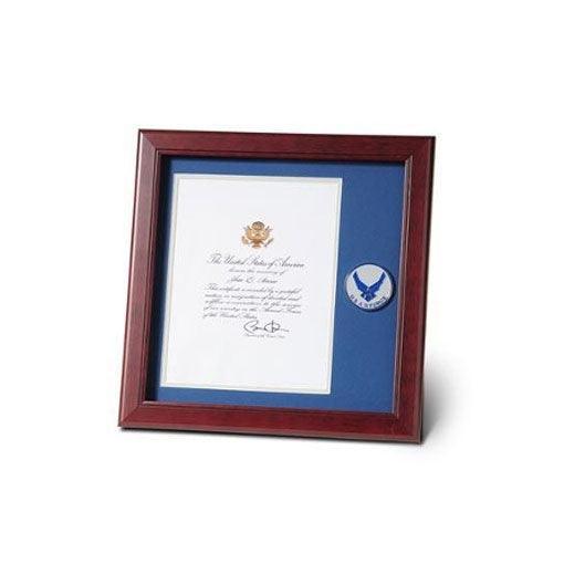 Air Force Medallion Memorial Certificate Frame with blue matting and mahogany wood finish, displaying a Presidential Memorial Certificate.