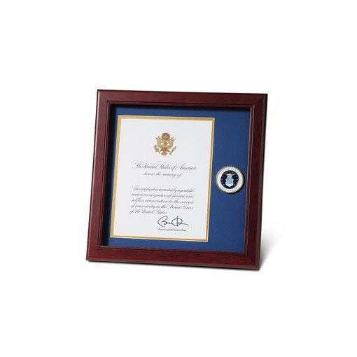 Air Force Medallion Presidential Memorial Certificate Frame with blue matting and gold trim, showcasing a certificate.