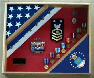 USAF Shadow Box displaying Air Force flag and medals, handcrafted from premium wood with plexiglass front.