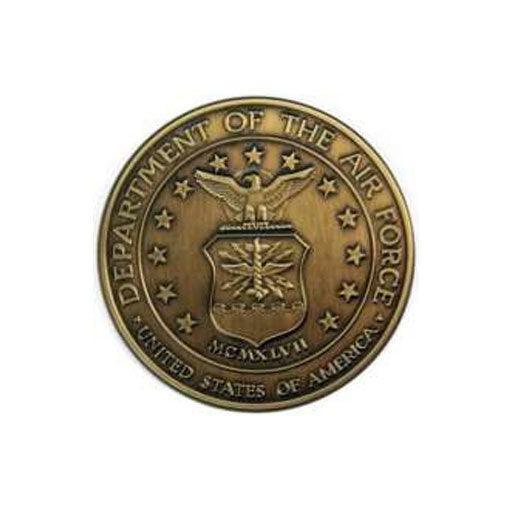 Brass Air Force Service Medallion with antique finish, 2 1/2 inches in diameter, featuring military insignia.