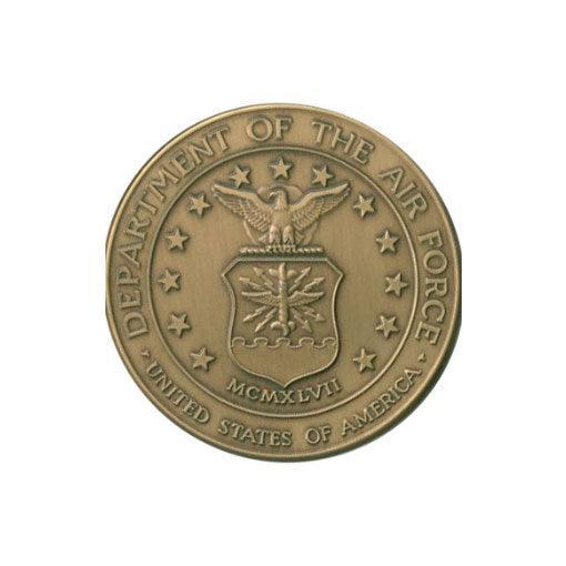 Brass Air Force Service Medallion with antique finish, 2 1/2 inches in diameter, featuring military insignia.