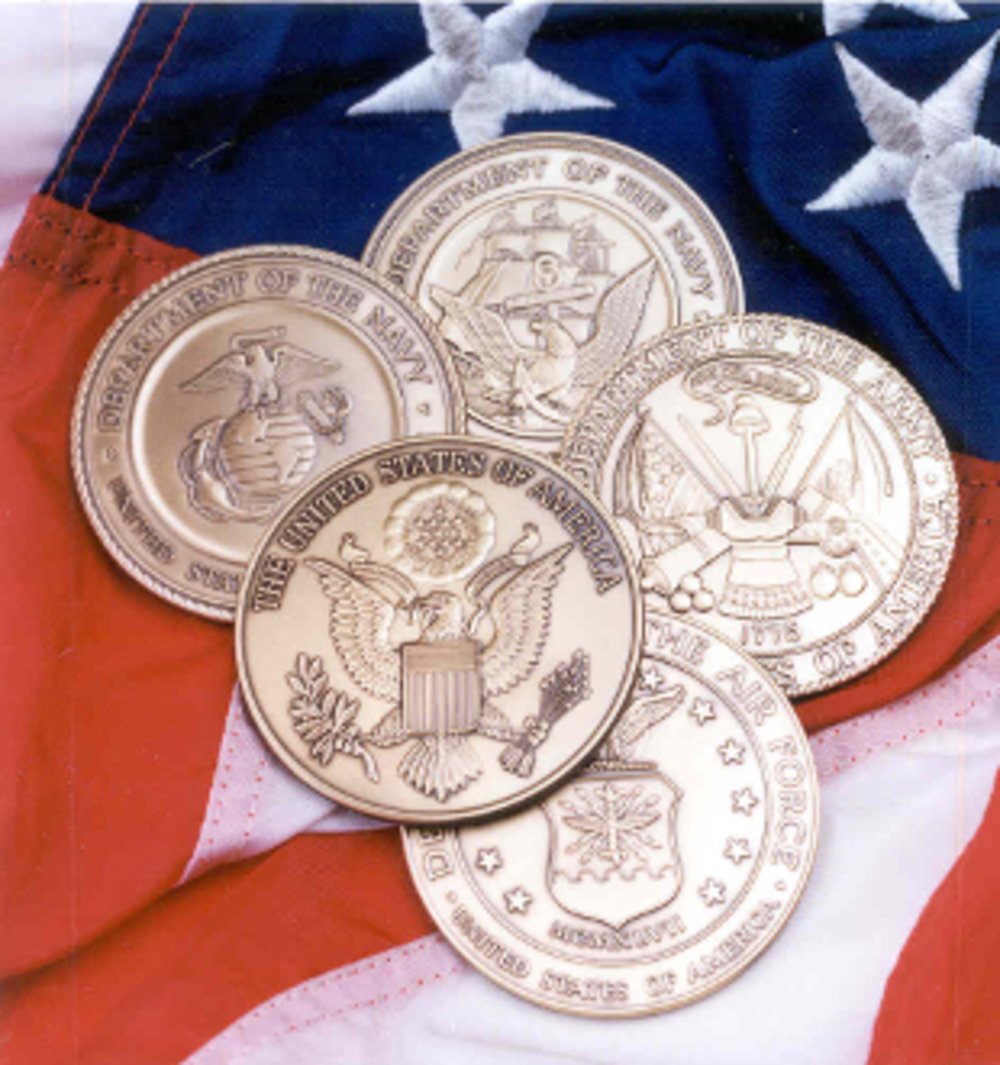 Brass Air Force Service Medallion with antique finish, featuring military seal design.