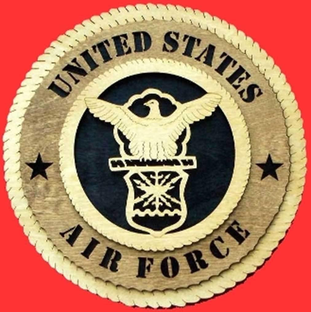 Handcrafted wooden Air Force Wall Tribute in 9 and 12 inch sizes, made by American Veterans.