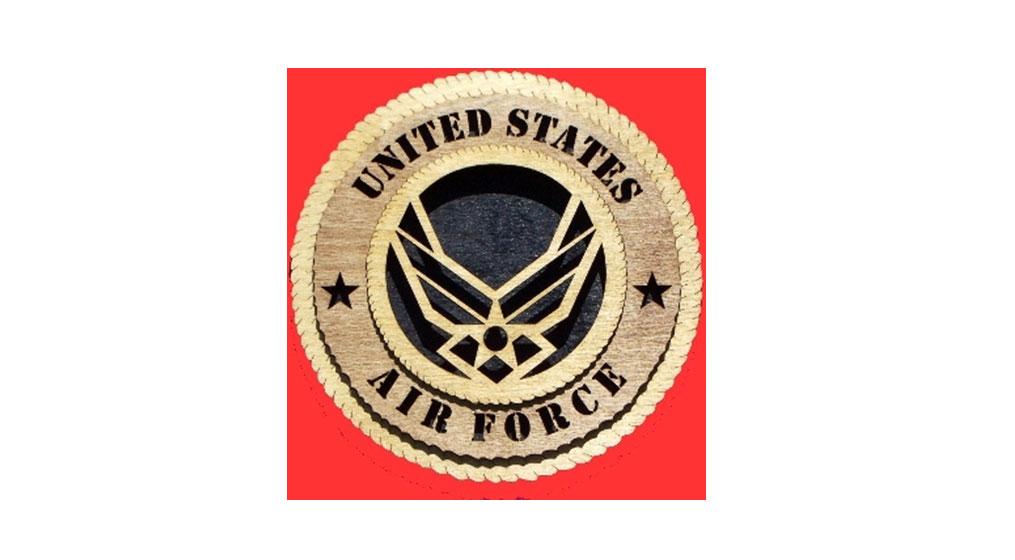 Handmade wooden Air Force Wall Tribute plaque featuring a 3D design of the USAF emblem.