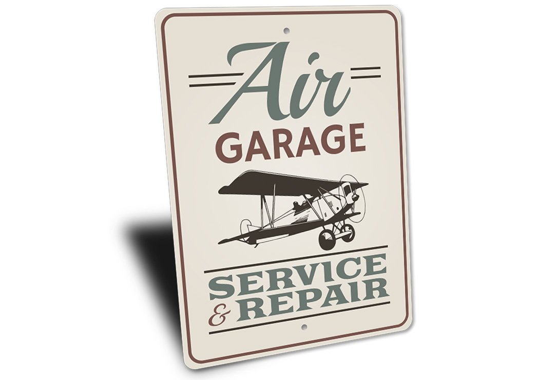 Air Garage Service & Repair Sign made of durable aluminum, featuring customizable text and pre-drilled holes for easy mounting.