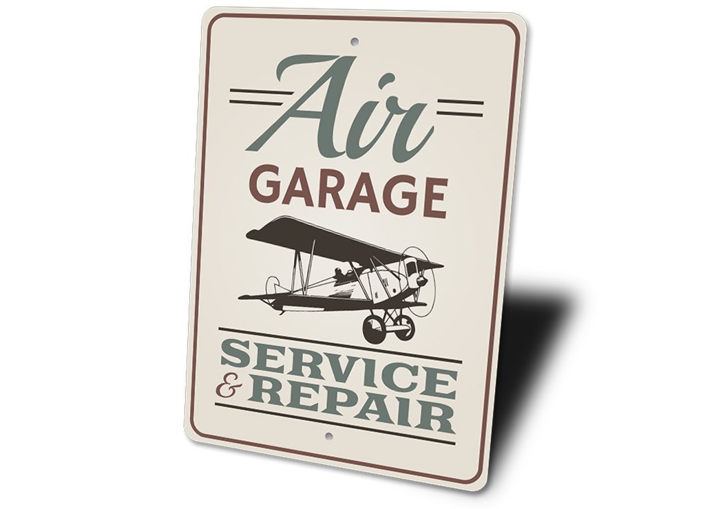 Air Garage Service & Repair Sign made of durable aluminum, featuring customizable text and pre-drilled holes for easy mounting.