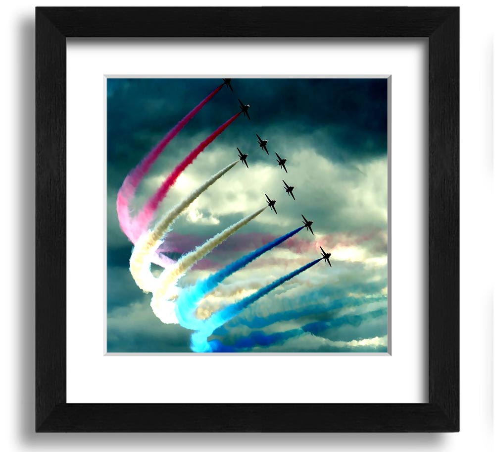 Air Show Square Framed Print featuring vibrant aviation artwork in a stylish frame, ready to hang.