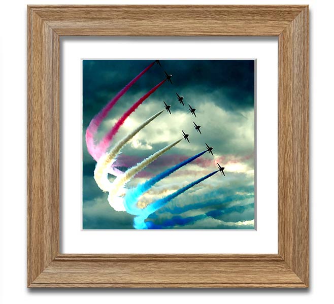 Air Show Square Framed Print featuring vibrant aviation artwork in a stylish frame, ready to hang.