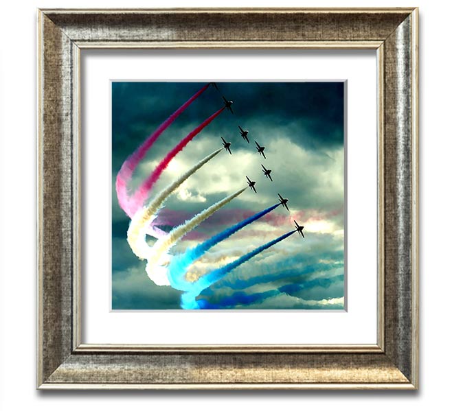 Air Show Square Framed Print featuring vibrant aviation artwork in a stylish frame, ready to hang.