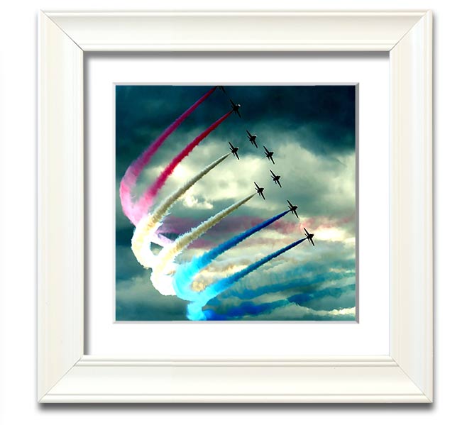 Air Show Square Framed Print featuring vibrant aviation artwork in a stylish frame, ready to hang.