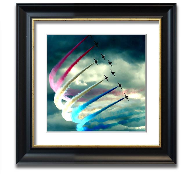 Air Show Square Framed Print featuring vibrant aviation artwork in a stylish frame, ready to hang.